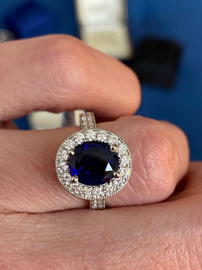 2.10 Carat Blue Ceylon Sapphire and 0.77ctw Natural Diamond Halo Ring in Platinum