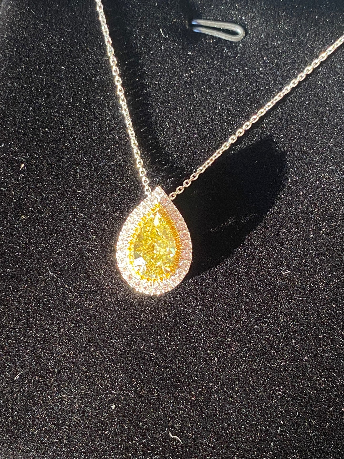 2.00 Carat Fancy Yellow Pear Cut Diamond Halo Necklace in Platinum