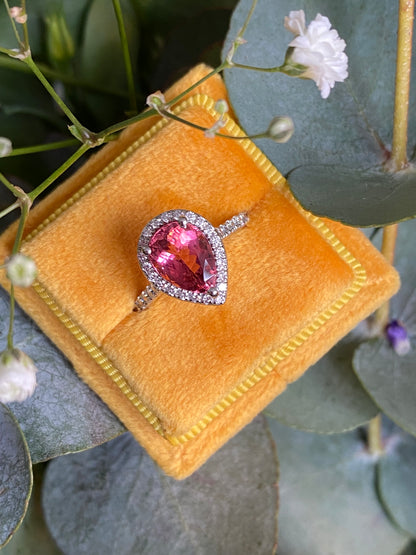 2.11 Carat Pear Cut Pink Tourmaline and Natural Diamond Ring in Platinum