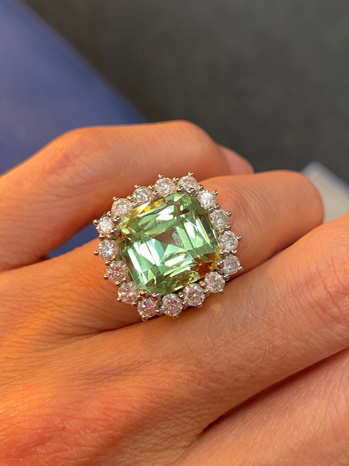 11.86 Carat Cushion Cut Mint Tourmaline and 1.88ctw Natural Diamond Ring in Platinum