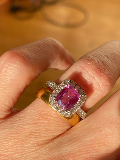 2.04 CTW Cushion Cut Pink Sapphire and Natural Diamond Halo Ring in Platinum