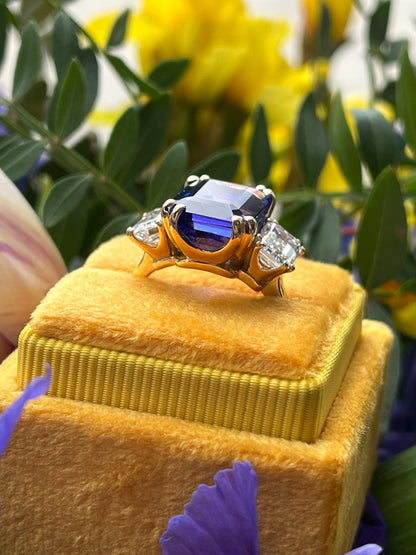 6.79 Carat Emerald Cut Tanzanite and 2.00ctw Diamond Ring in 18ct Yellow Gold