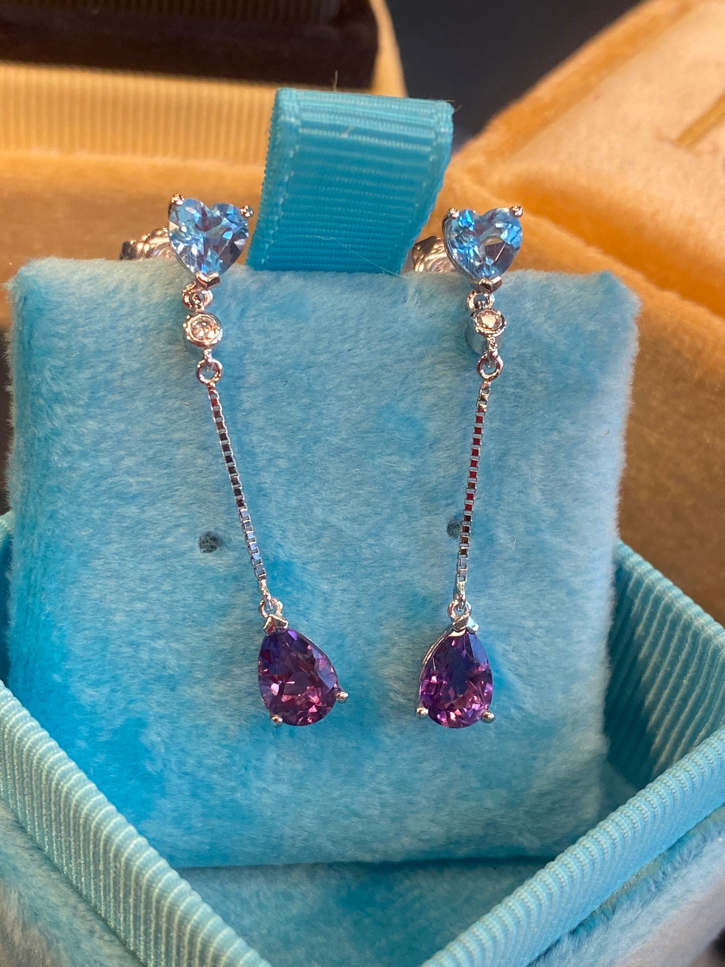 Pear Cut Amethyst, Heart Cut Topaz, and Diamond Drop Earrings in 18ct White Gold