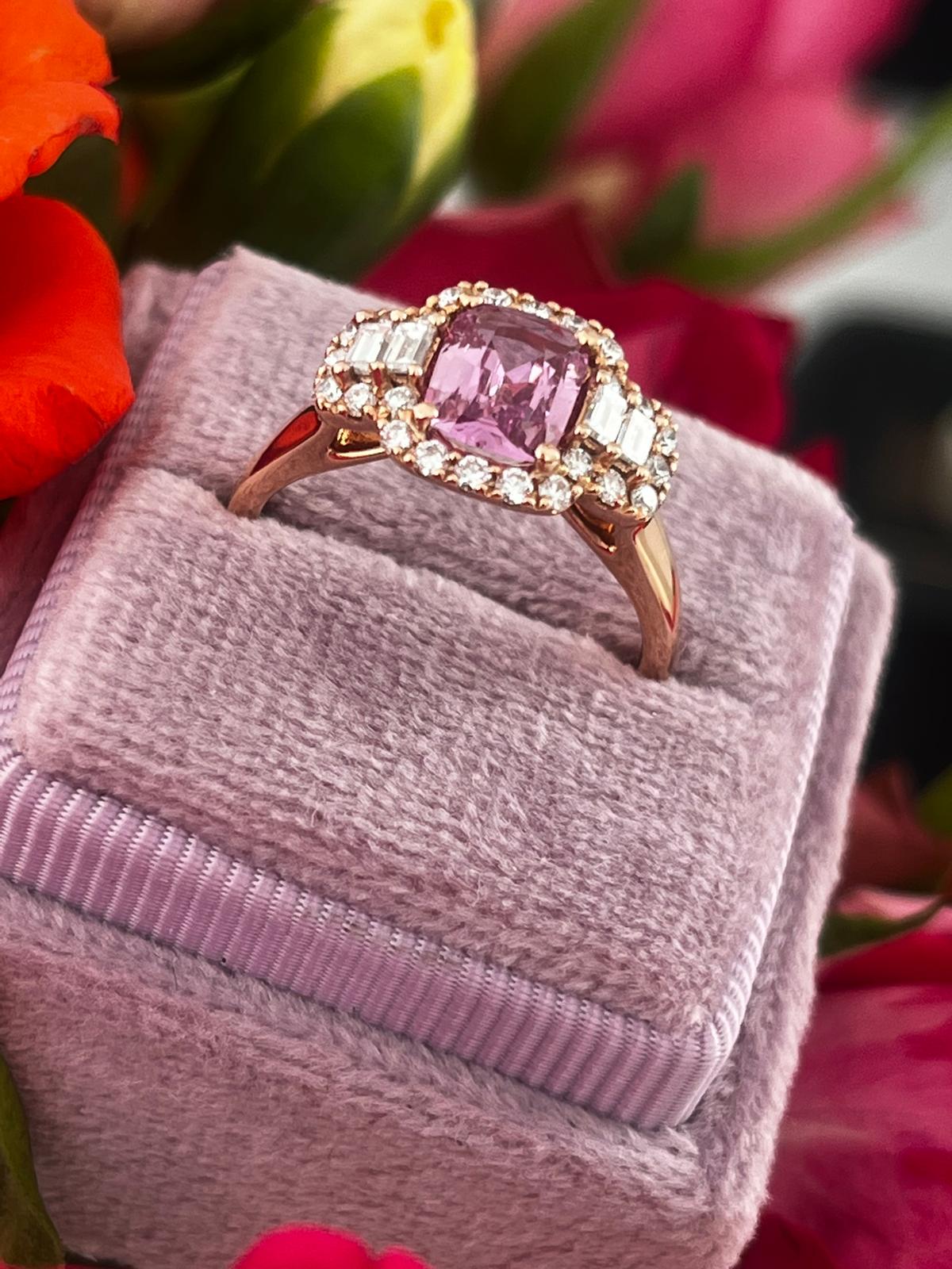 1.52 CTW Cushion Cut Pink Sapphire and Natural Diamond Halo Engagement Ring in 18ct Rose Gold