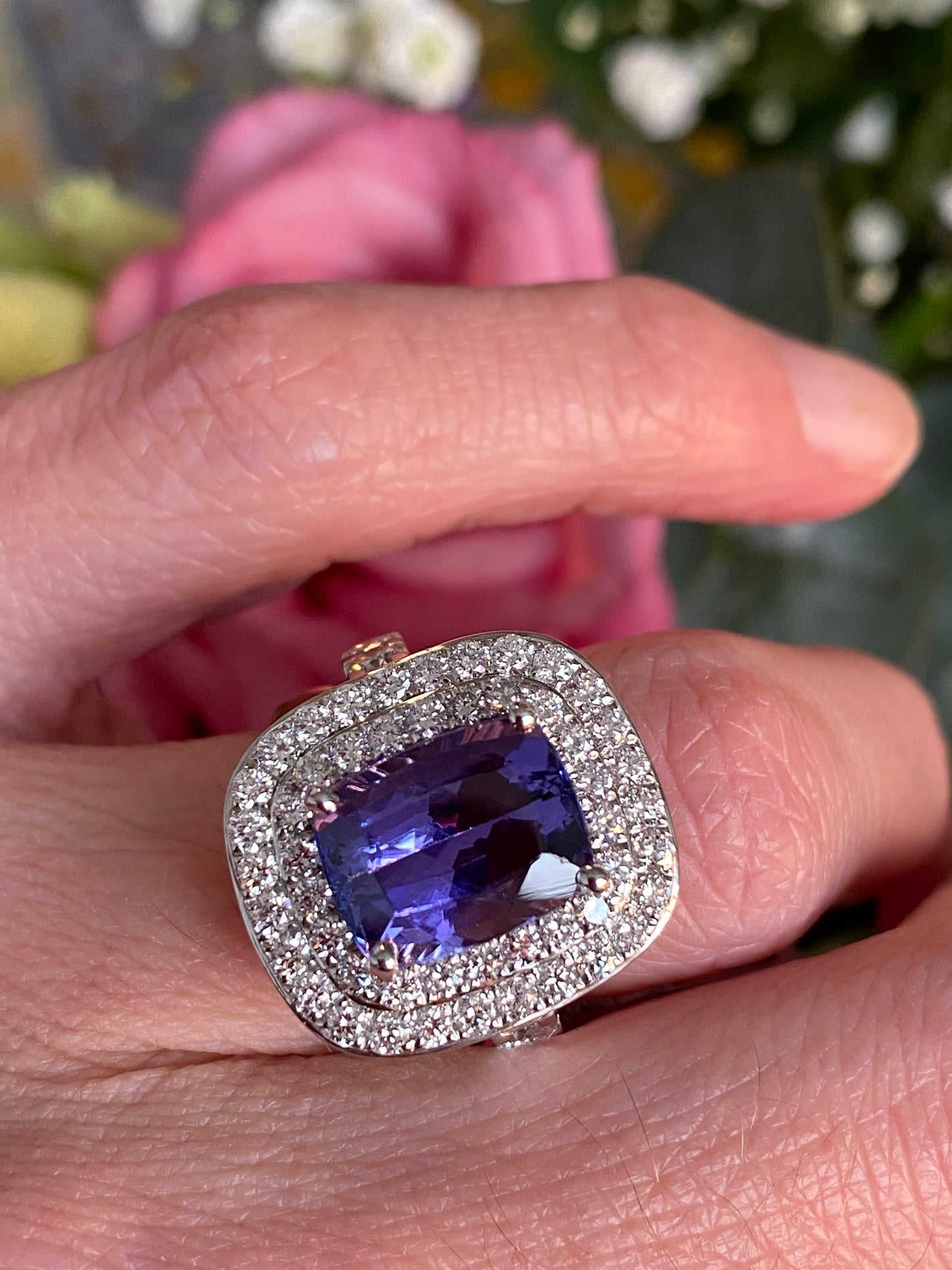 5.42 Carat Cushion Cut Tanzanite and 1.68 ctw Natural Diamond Cocktail Ring in Platinum