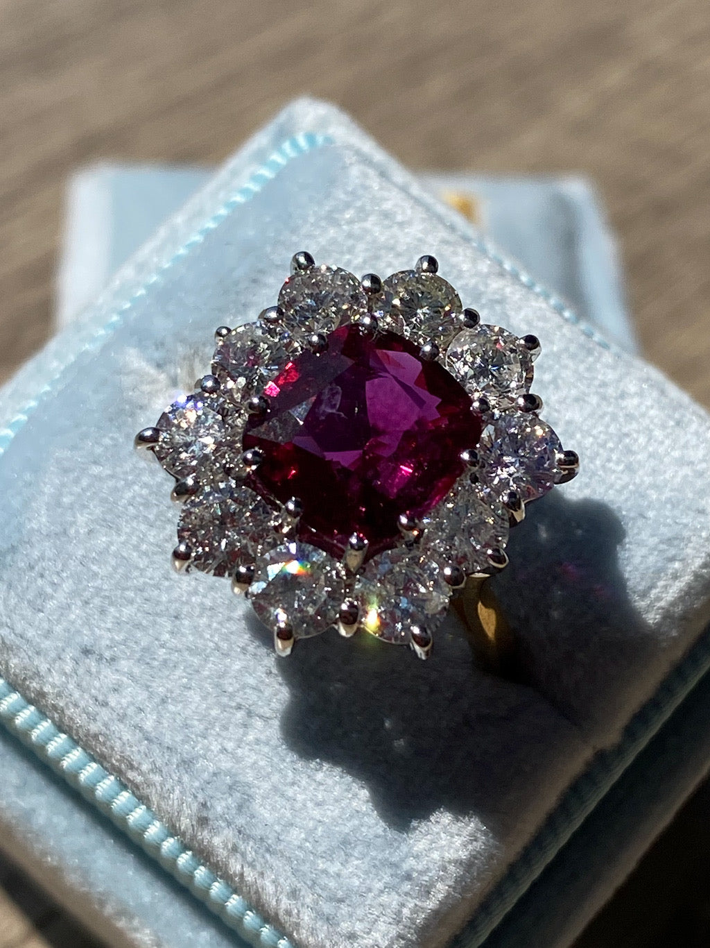 5.04 CTW No Heat Ruby and Natural Diamond Halo Ring in 18ct Yellow Gold