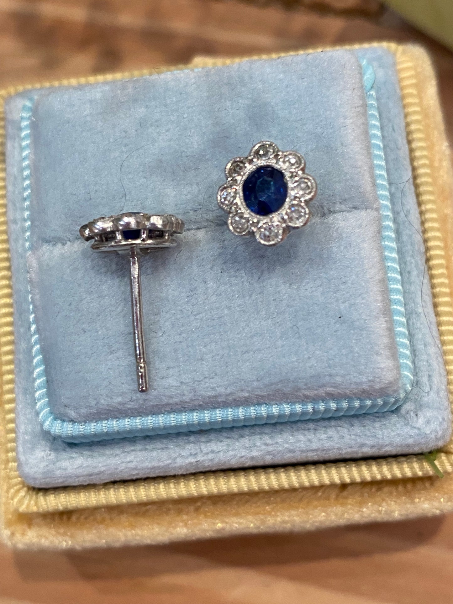 Antique Sapphire and Old Cut Diamond Halo Earrings in 18ct White Gold