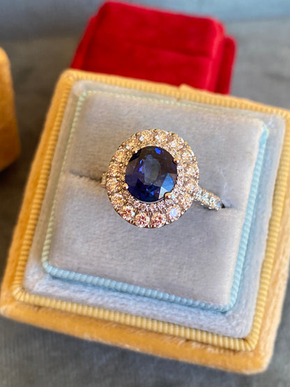 3.33 CTW Blue Ceylon Sapphire and Natural Diamond Halo Ring in Platinum