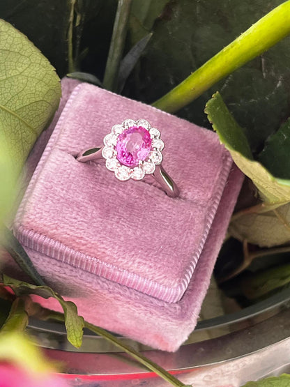 1.94 CTW Oval Cut Pink Sapphire and Natural Diamond Halo Engagement Ring in Platinum