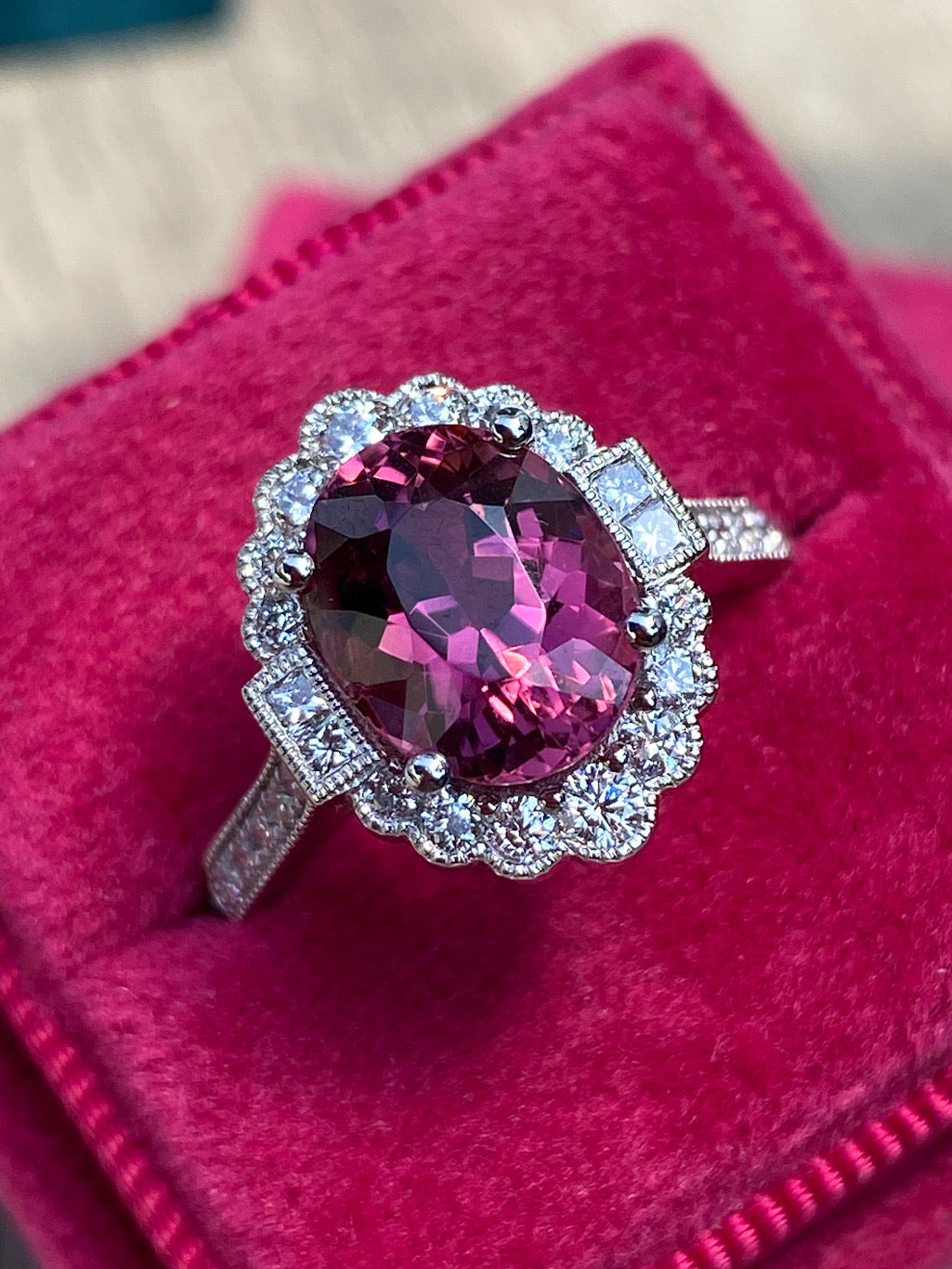 3.13 Carat Cut Pink Tourmaline and Natural Diamond Ring in Platinum