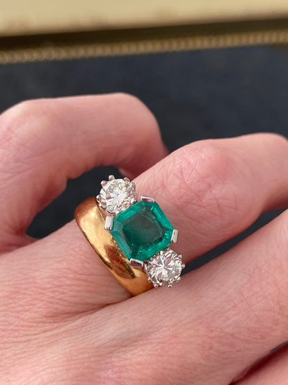 3.50 CTW Colombian Emerald and Diamond Three Stone Engagement Ring in Platinum