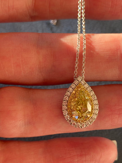 2.00 Carat Fancy Yellow Pear Cut Diamond Halo Necklace in Platinum