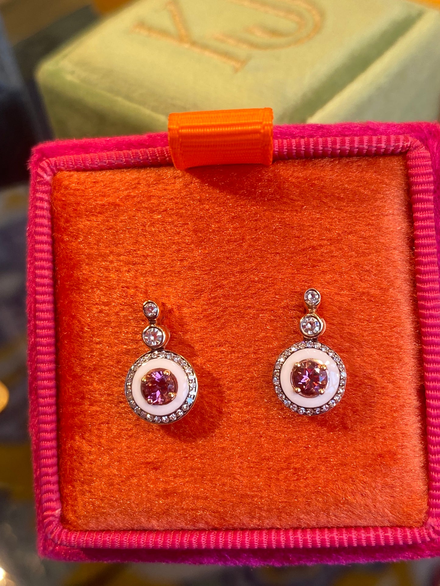 Pink Tourmaline, Diamond and Enamel Drop Earrings in 18ct Yellow Gold