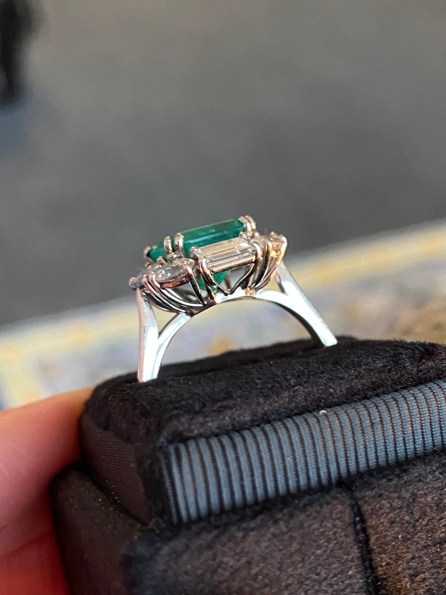 5.66 CTW Vintage Sqaure Emerald Cut Colombian Emerald and Natural Diamond Halo Ring in Platinum