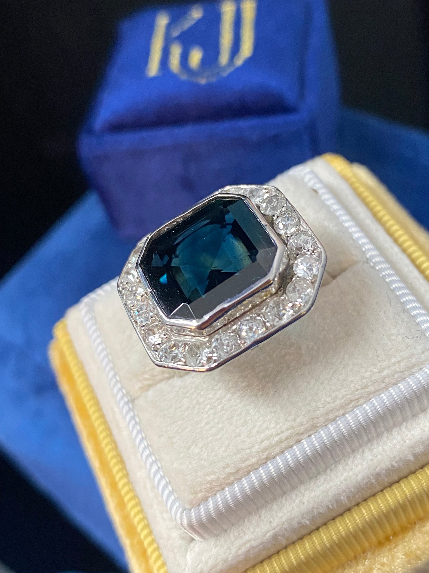 9.50 CTW Midnight Blue Sapphire and Natural Diamond Antique Art Deco Engagement Ring in Platinum