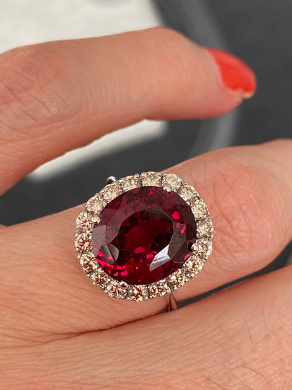 7.50 Carat Rhodolite Garnet and Diamond Halo Cocktail Ring in 18ct White Gold