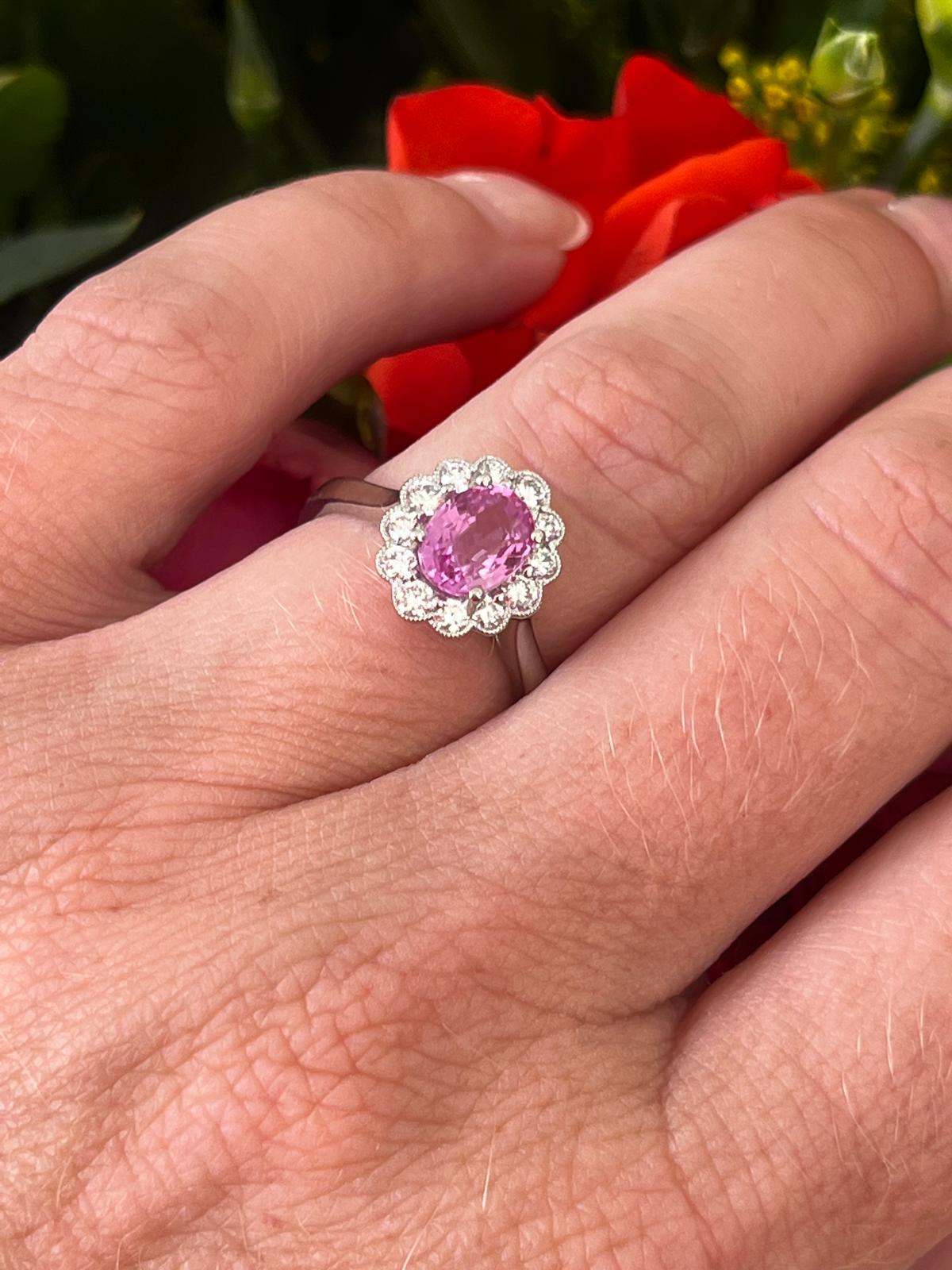 1.94 CTW Oval Cut Pink Sapphire and Natural Diamond Halo Engagement Ring in Platinum