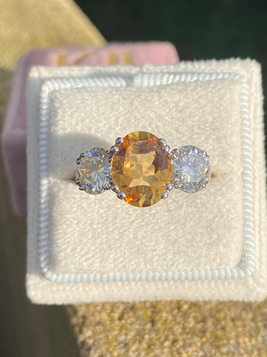 2.57 Carat Citrine and 1.84 Carat Moissanite Three Stone Ring