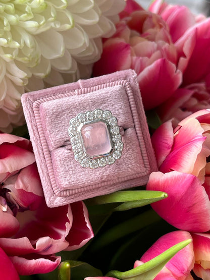 4.50 CTW Cabochon Cut Rose Quartz and Moissanite Halo Cocktail Ring