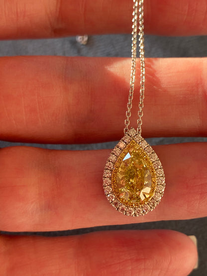 2.00 Carat Fancy Yellow Pear Cut Diamond Halo Necklace in Platinum