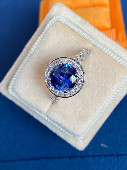 3.65 CTW Blue Ceylon Sapphire and Natural Diamond Double Halo Ring in Platinum