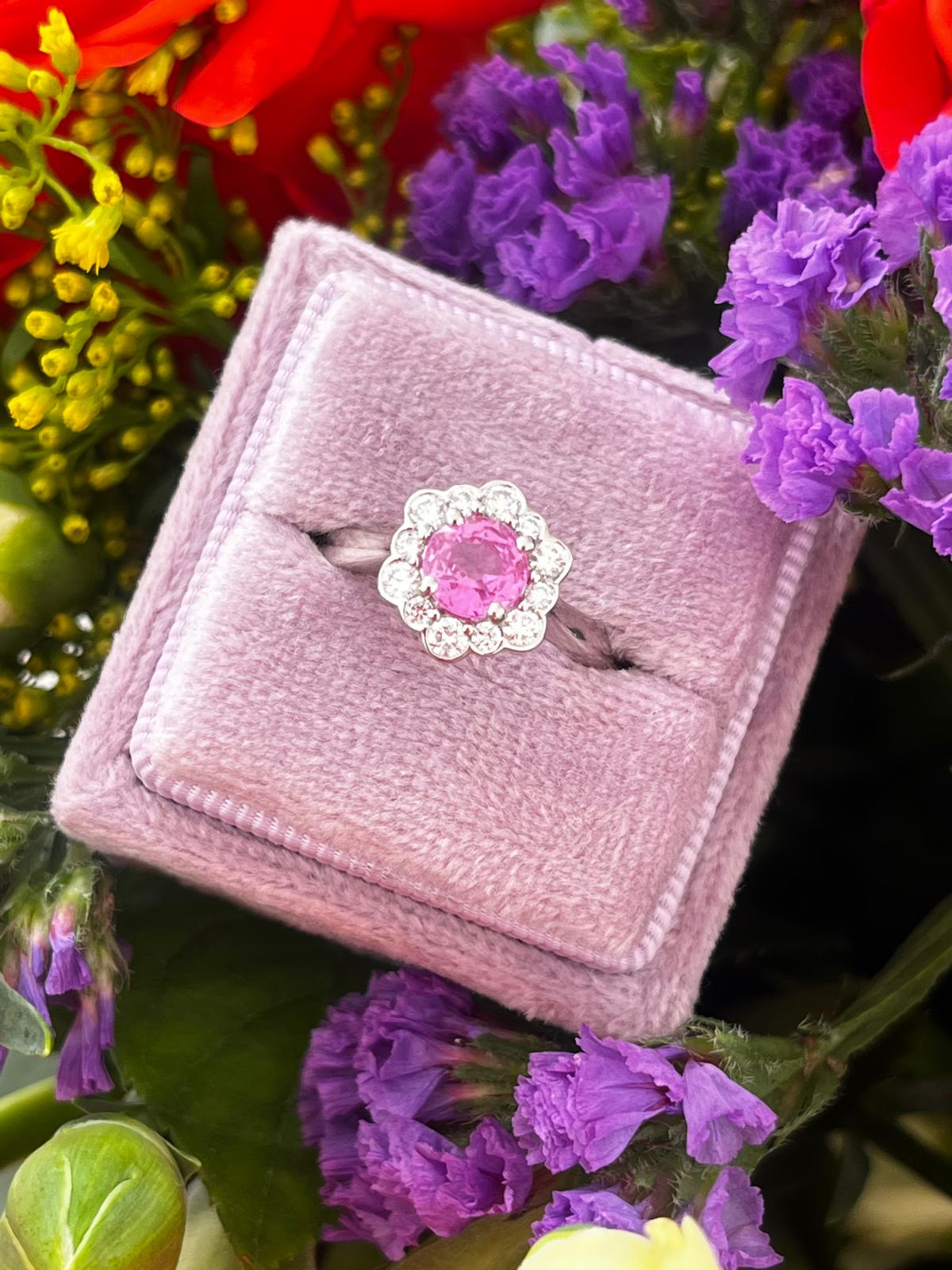 1.26 CTW Round Cut Pink Sapphire and Natural Diamond Halo Engagement Ring in Platinum