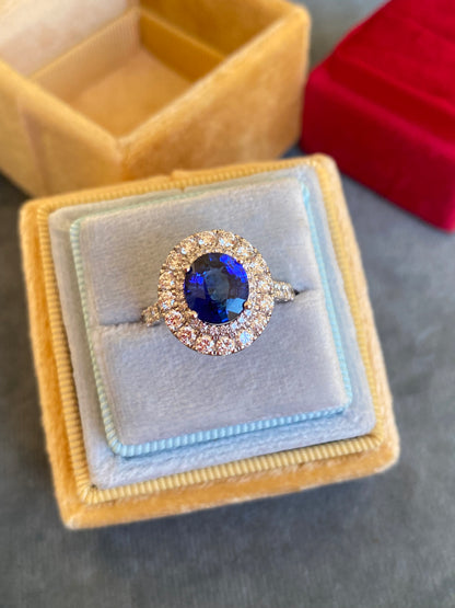 3.33 CTW Blue Ceylon Sapphire and Natural Diamond Halo Ring in Platinum