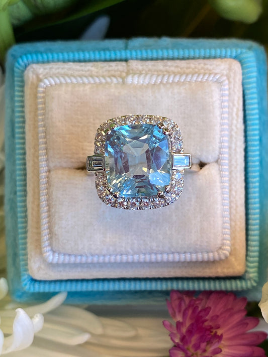 5.12 CTW Cushion Cut Aquamarine and Natural Diamond Halo Engagement Ring in Platinum