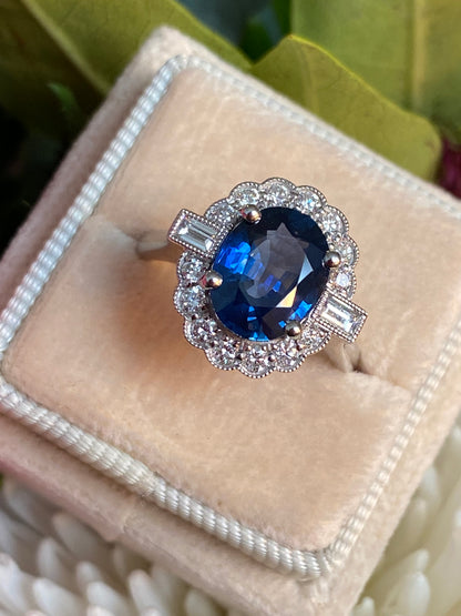 2.79 Carat Blue Ceylon Sapphire and 0.56ctw Natural Diamond Halo Ring in Platinum