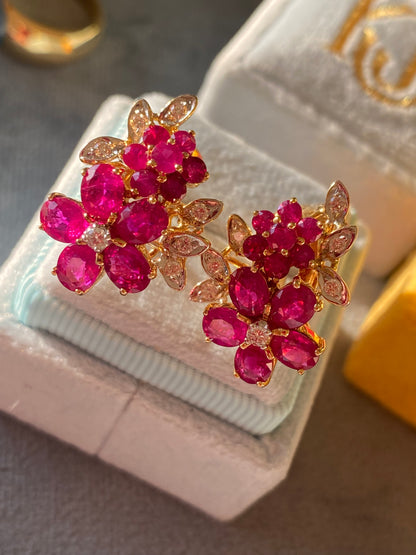 Vintage Burmese Ruby and Diamond Earrings in 18ct Yellow Gold