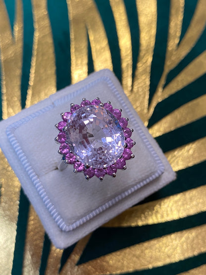 20 Carat Kunzite and Pink Sapphire Ring in 18ct White Gold