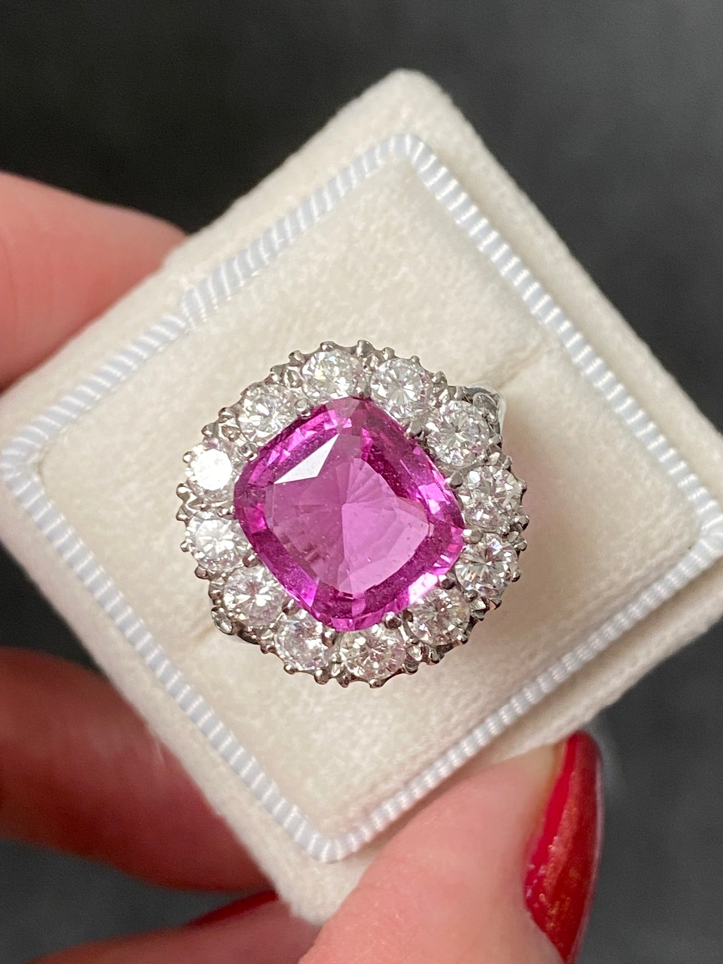 5.51 Carat Cushion Cut Pink Sapphire and 2.10ctw Diamond Halo Ring in Platinum