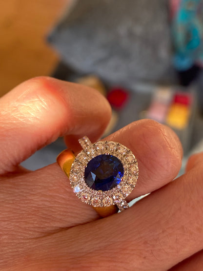 3.33 CTW Blue Ceylon Sapphire and Natural Diamond Halo Ring in Platinum