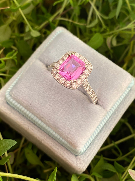 2.04 CTW Cushion Cut Pink Sapphire and Natural Diamond Halo Ring in Platinum