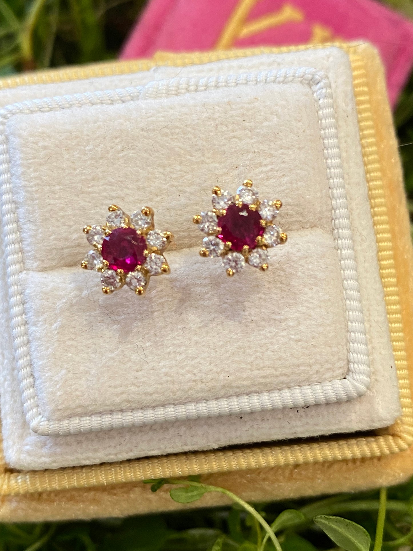 Ruby and Diamond Halo Earrings in 18ct Yellow Gold