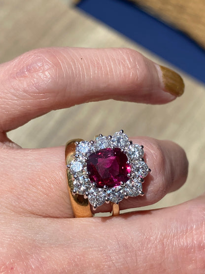 5.04 CTW No Heat Ruby and Natural Diamond Halo Ring in 18ct Yellow Gold