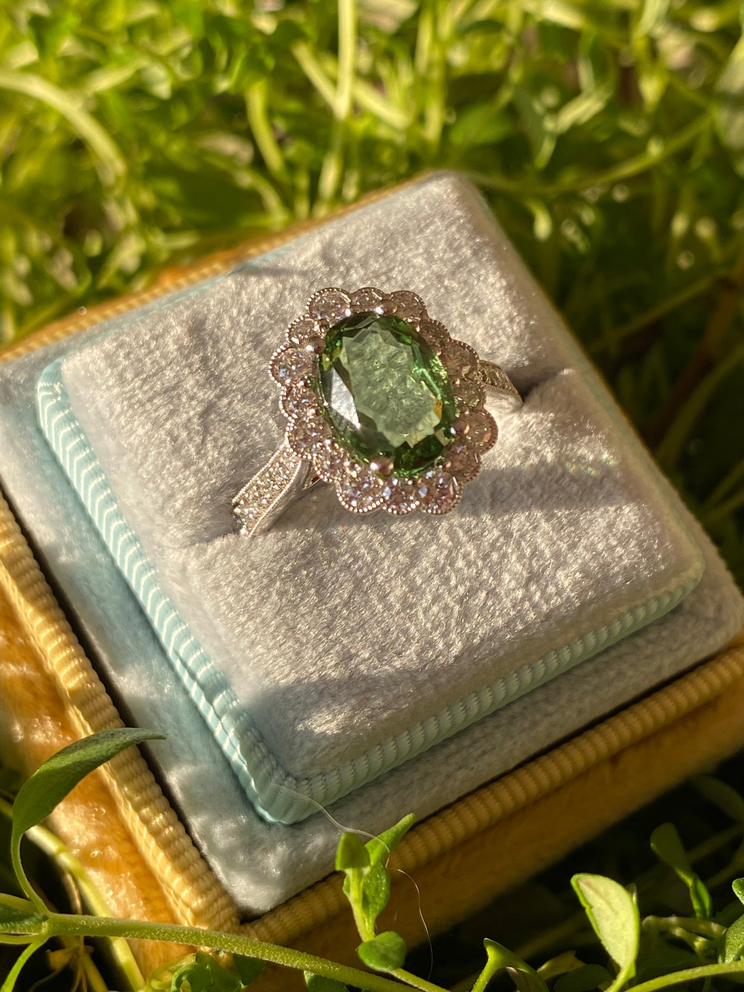 1.88 Carat Oval Cut Mint Tourmaline and Natural Diamond Ring in Platinum