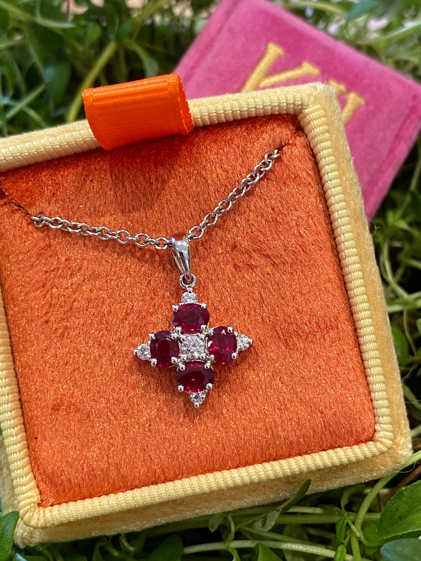 Vintage Ruby and Diamond Pendant Necklace in 18ct White Gold