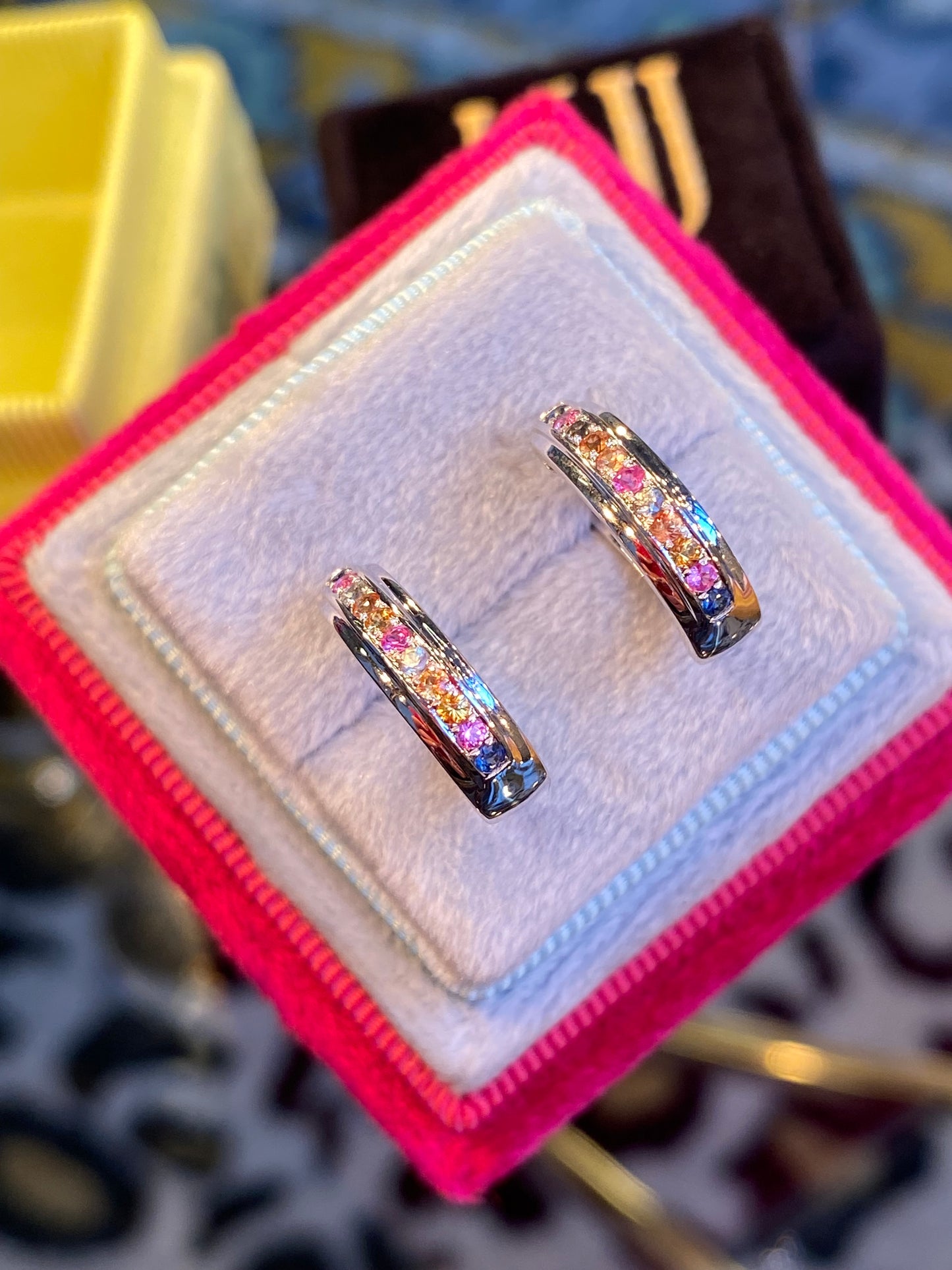 Rainbow Sapphire Hoop Earrings in 18ct White Gold