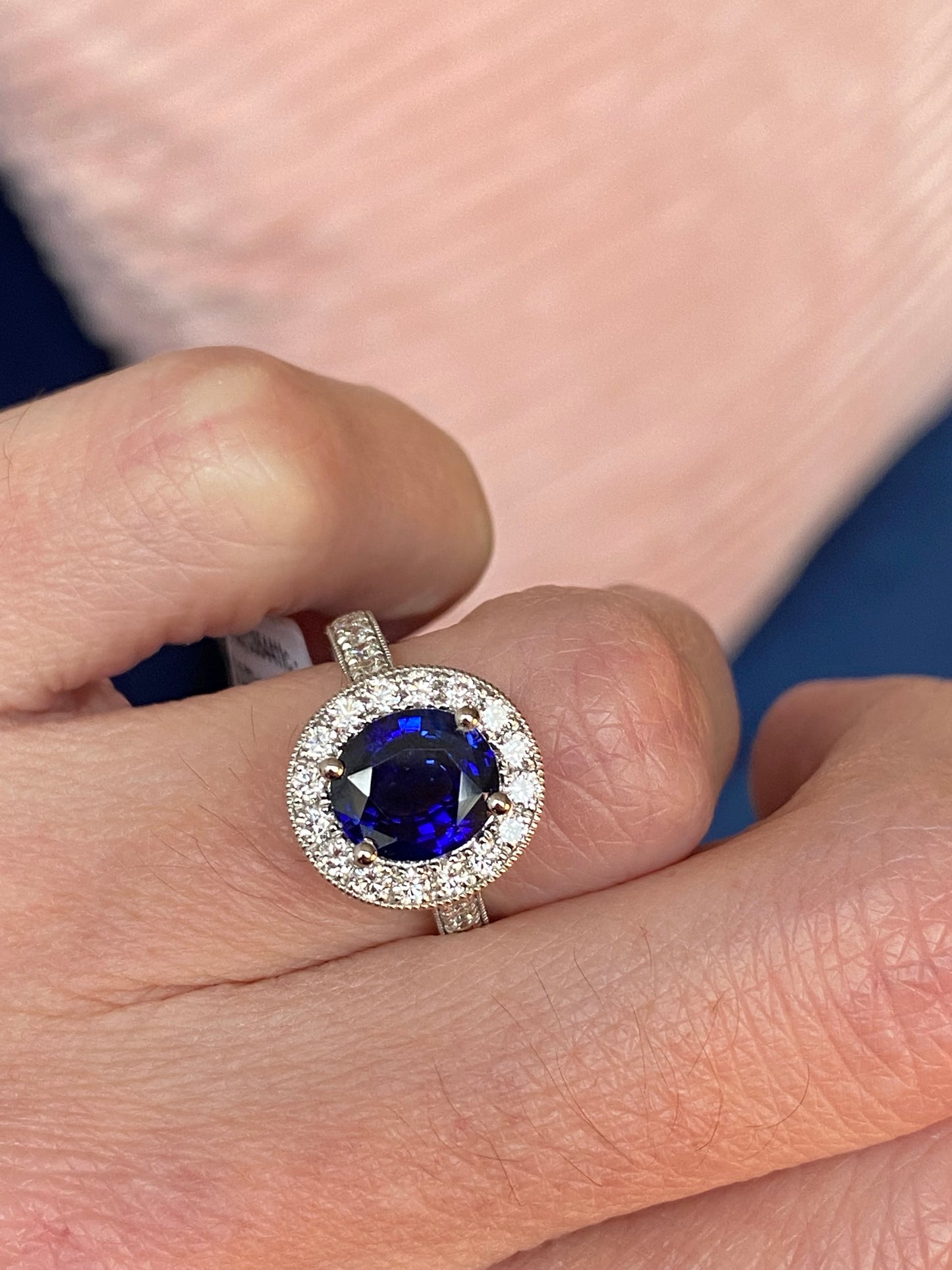 2.10 Carat Blue Ceylon Sapphire and 0.77ctw Natural Diamond Halo Ring in Platinum