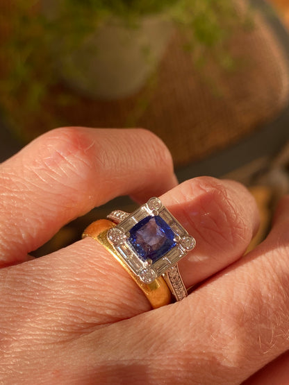 1.51 CTW Blue Ceylon Sapphire and Natural Diamond Art Deco Style Halo Ring in Platinum