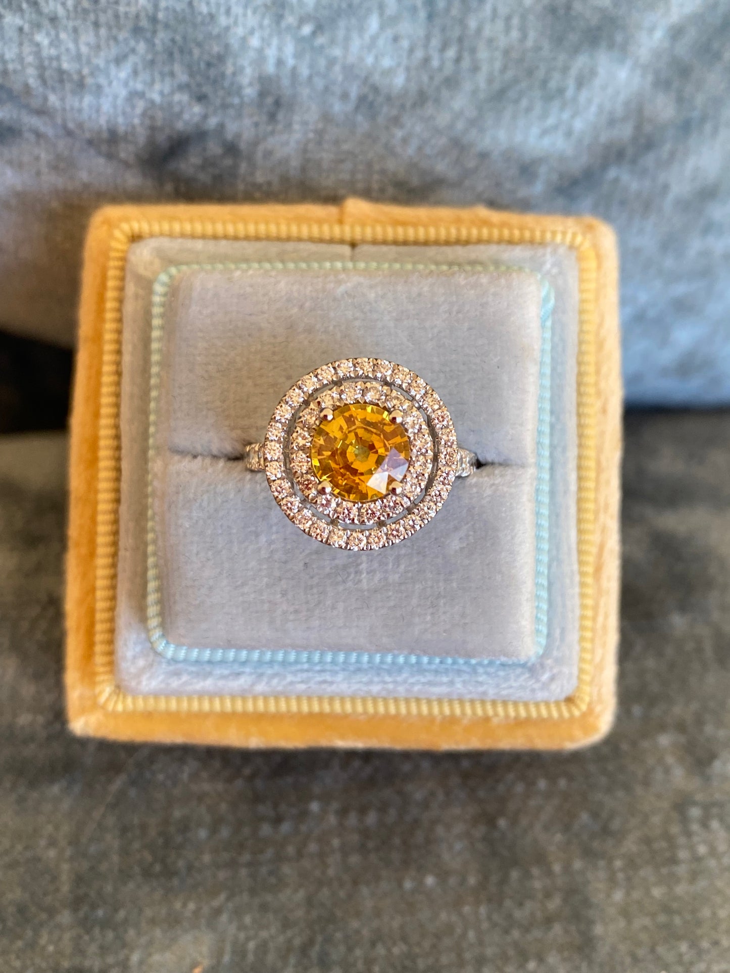 1.49 Carat Yellow Sapphire and Natural Diamond Halo Ring in Platinum