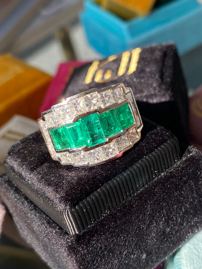 Colombian Emerald and Diamond Cocktail Ring in 18ct White Gold