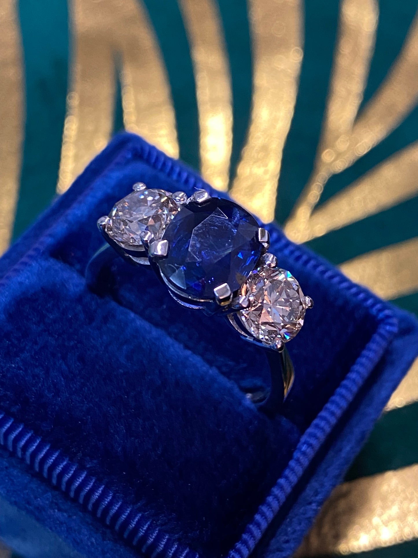 2.76ct Antique Blue Ceylon Sapphire and 2.02ct Diamond Three Stone Engagement Ring in 18ct White Gold