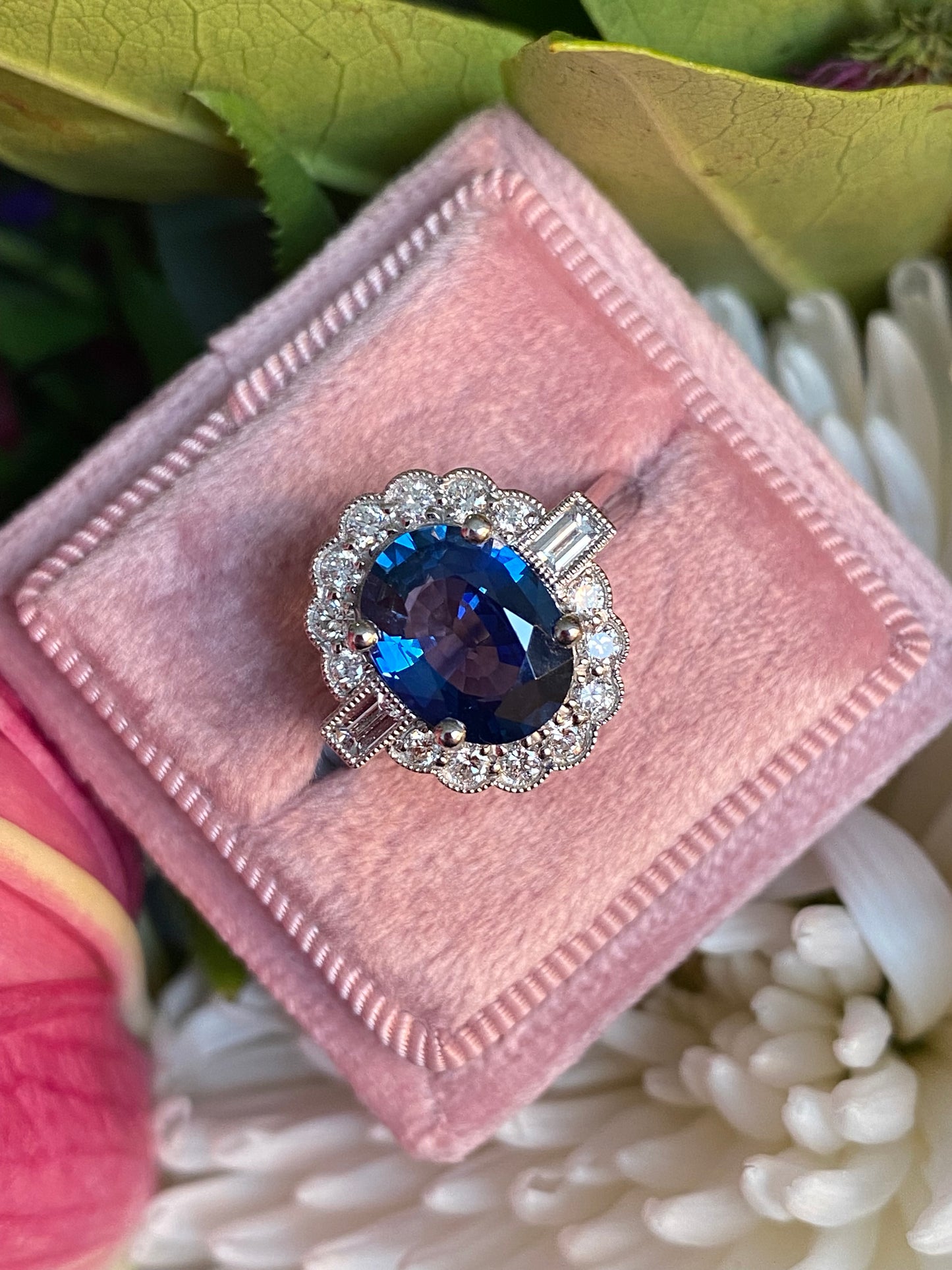 2.79 Carat Blue Ceylon Sapphire and 0.56ctw Natural Diamond Halo Ring in Platinum