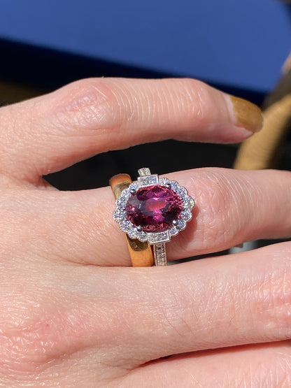 3.13 Carat Cut Pink Tourmaline and Natural Diamond Ring in Platinum