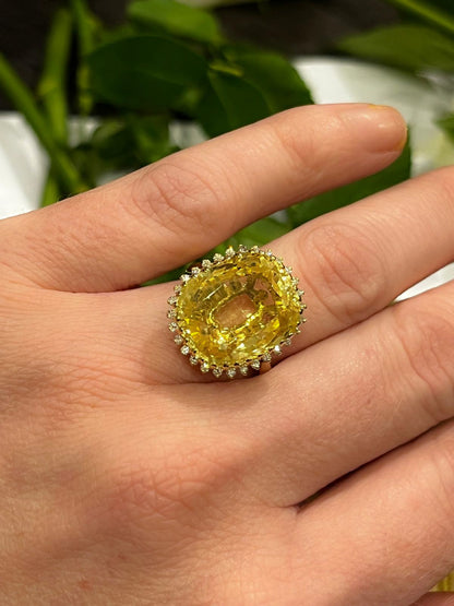 Masterpiece 19.23 Carat Certified Antique Unheated Yellow Sapphire and Diamond Ring