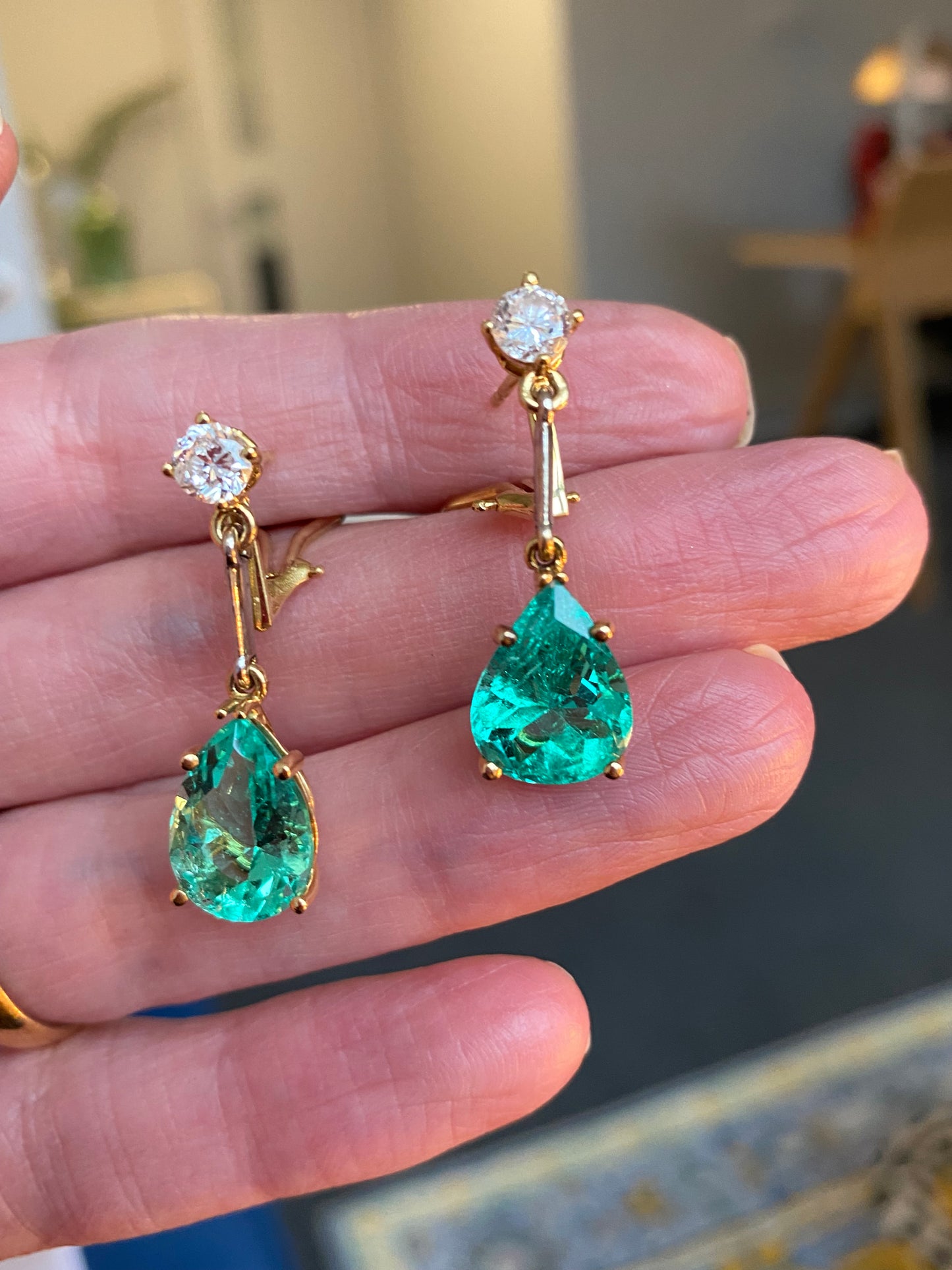 Spectacular 9.65ctw Pear Cut Colombian Emerald and Diamond Drop Earrings in 18ct Yellow Gold