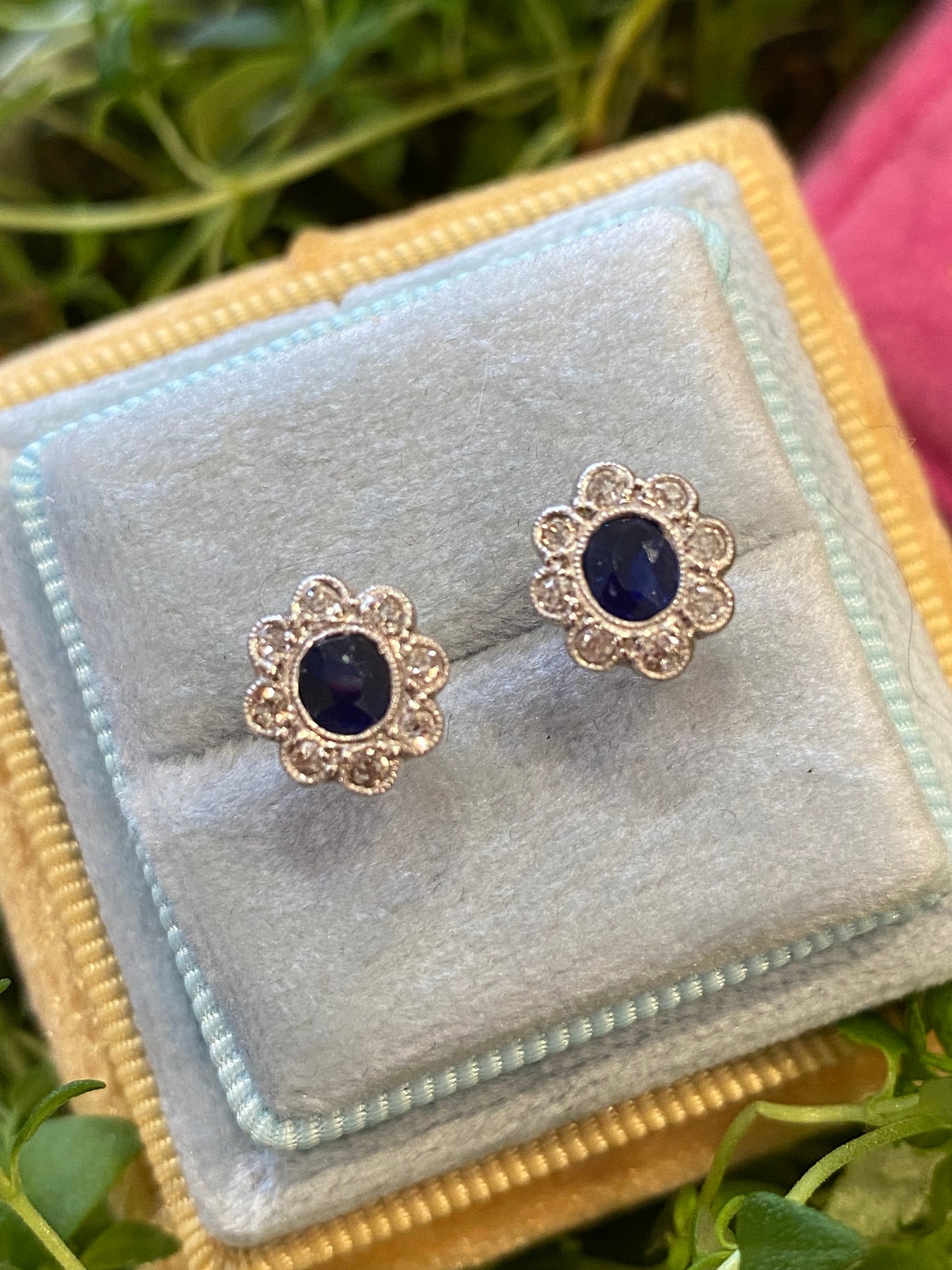 Antique Sapphire and Old Cut Diamond Halo Earrings in 18ct White Gold