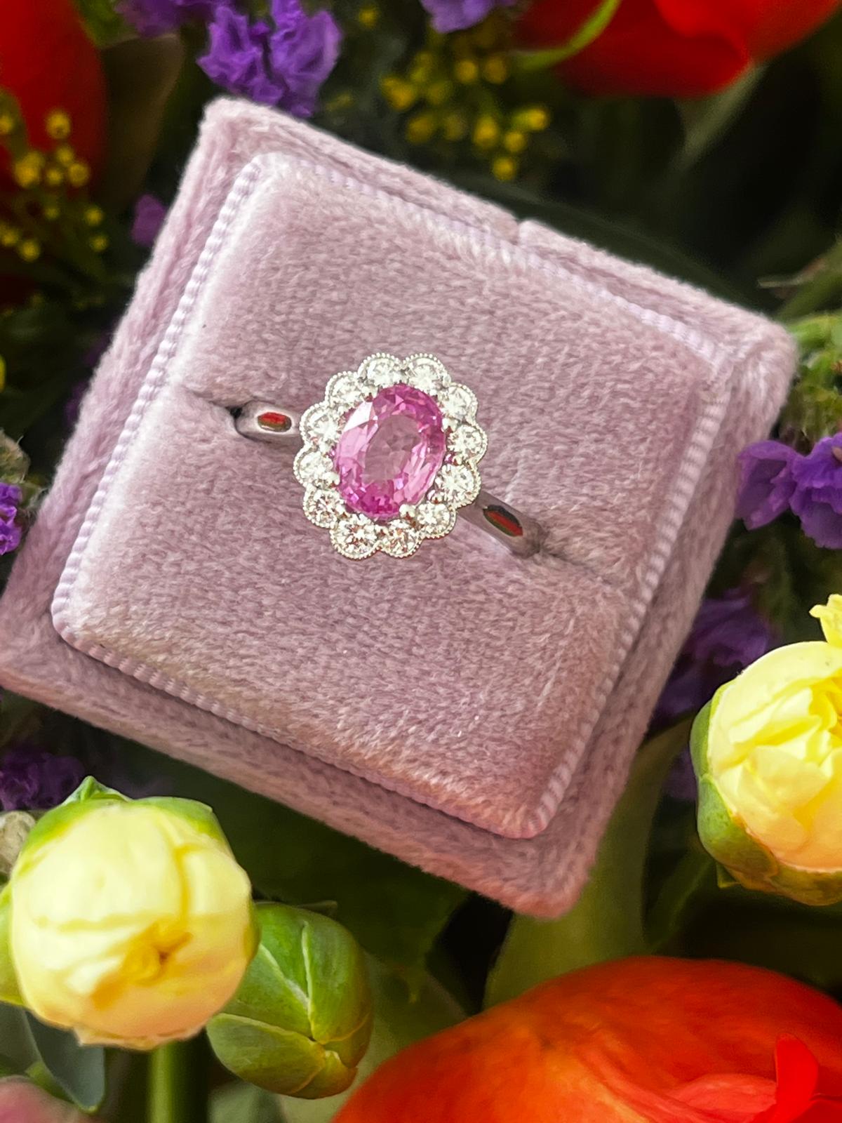 1.94 CTW Oval Cut Pink Sapphire and Natural Diamond Halo Engagement Ring in Platinum